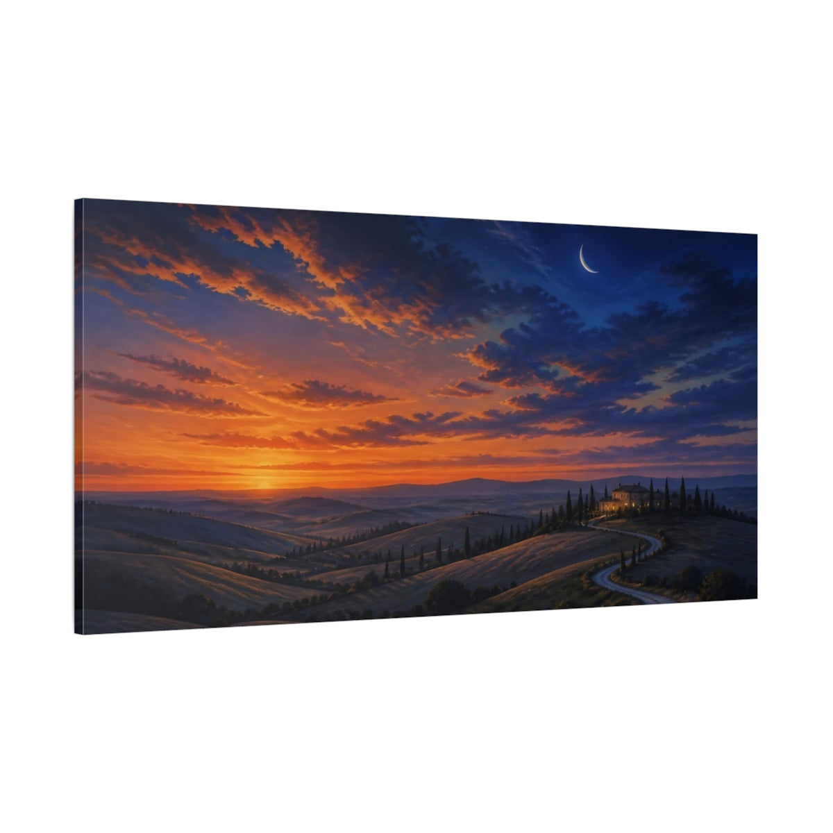 Side Mockup 2. Nature Tuscan Landscape Orange Blue Landscape shown as stretched canvas wall art