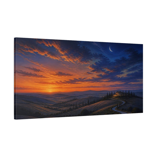 Main Mockup. Nature Tuscan Landscape Orange Blue Landscape shown as stretched canvas wall art