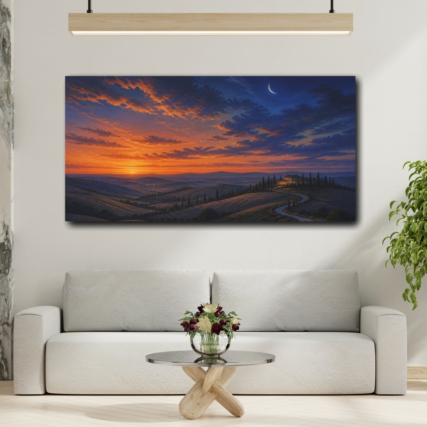 Mockup 2. Nature Tuscan Landscape Orange Blue Landscape shown as stretched canvas wall art