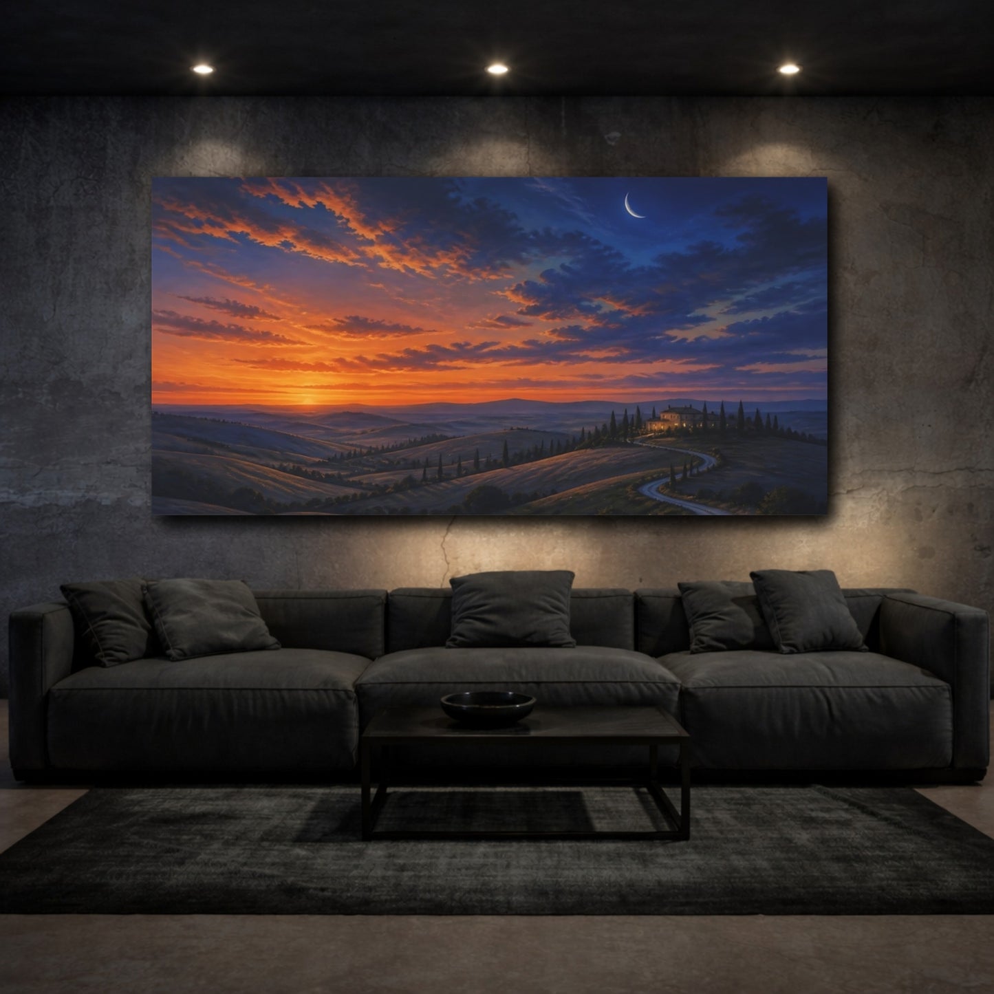Mockup 3. Nature Tuscan Landscape Orange Blue Landscape shown as stretched canvas wall art