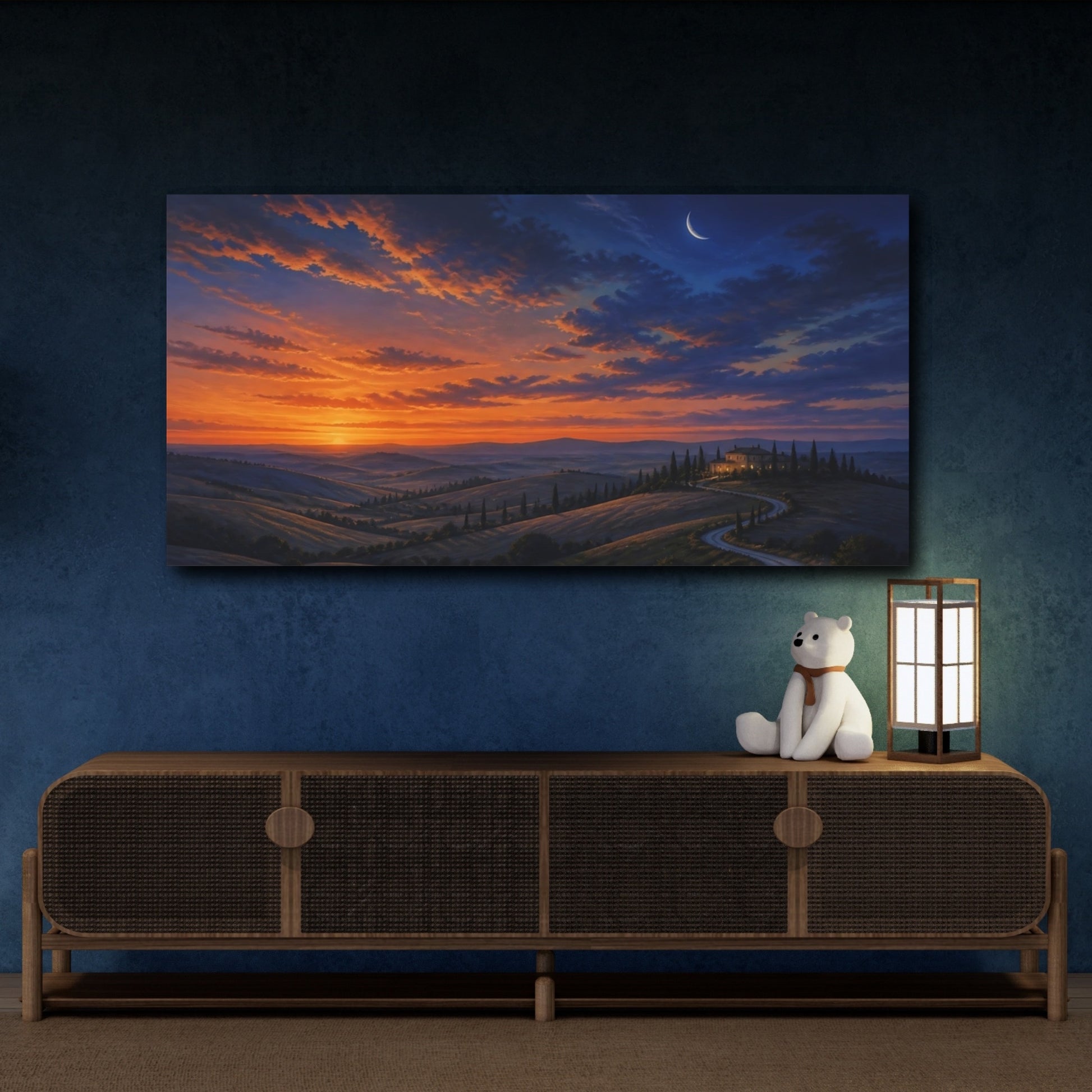 Mockup 4. Nature Tuscan Landscape Orange Blue Landscape shown as stretched canvas wall art