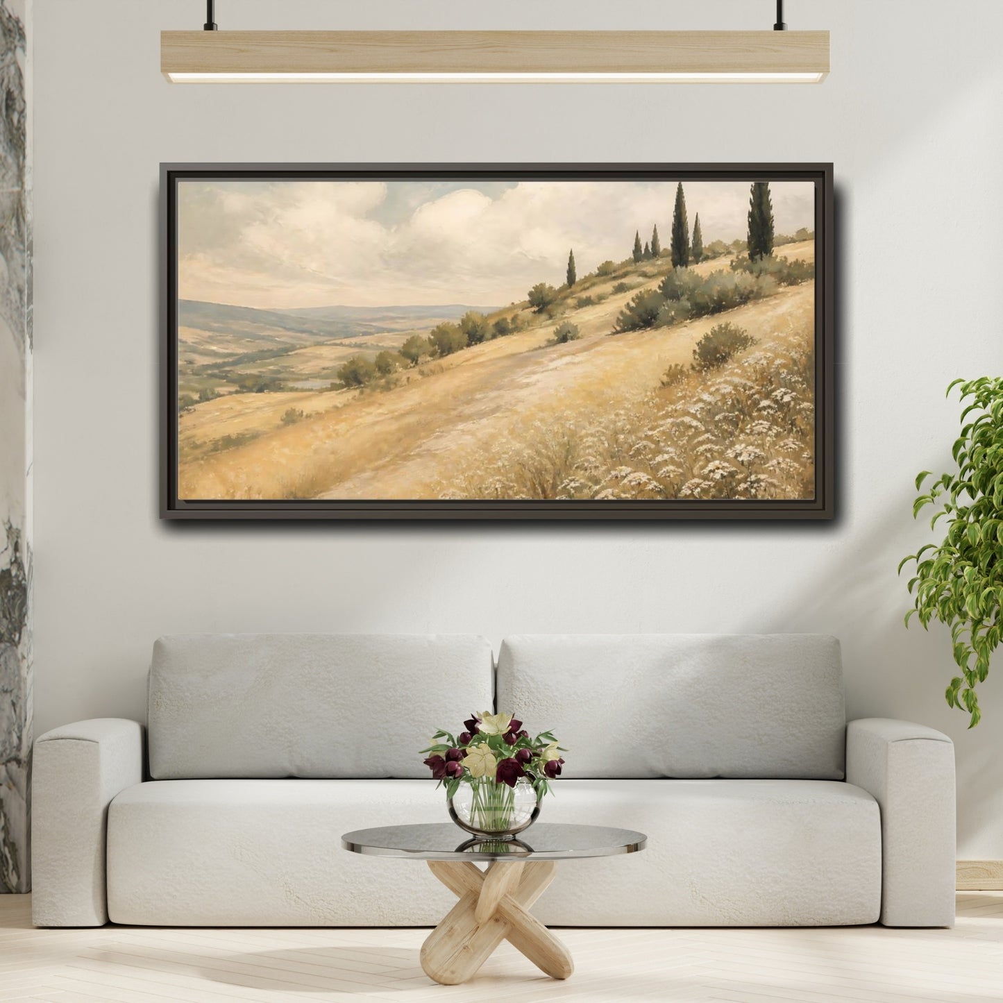 Mockup 2. Nature Tuscan Landscape Tuscan Hills Golden shown as stretched canvas wall art