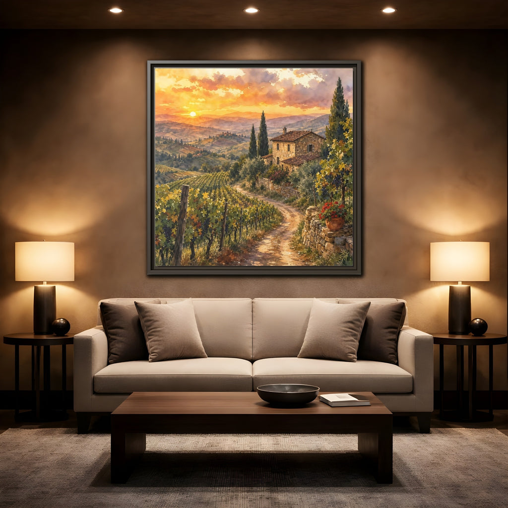 Mockup 2. Nature Tuscan Landscape Tuscan Sunset Landscape shown as stretched canvas wall art