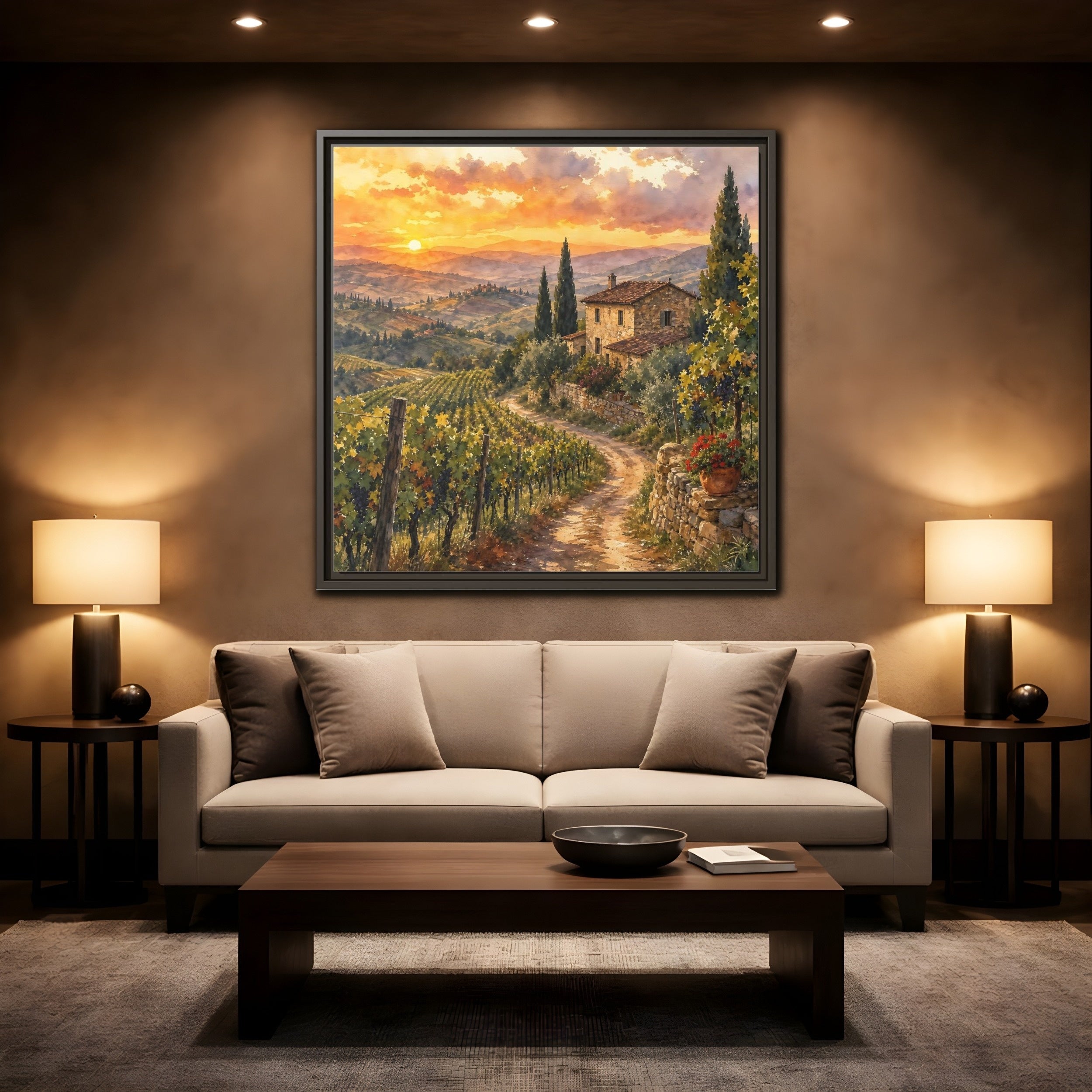 Mockup 2. Nature Tuscan Landscape Tuscan Sunset Landscape shown as stretched canvas wall art