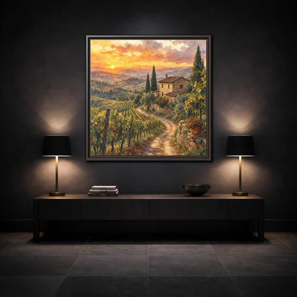 Mockup 3. Nature Tuscan Landscape Tuscan Sunset Landscape shown as stretched canvas wall art