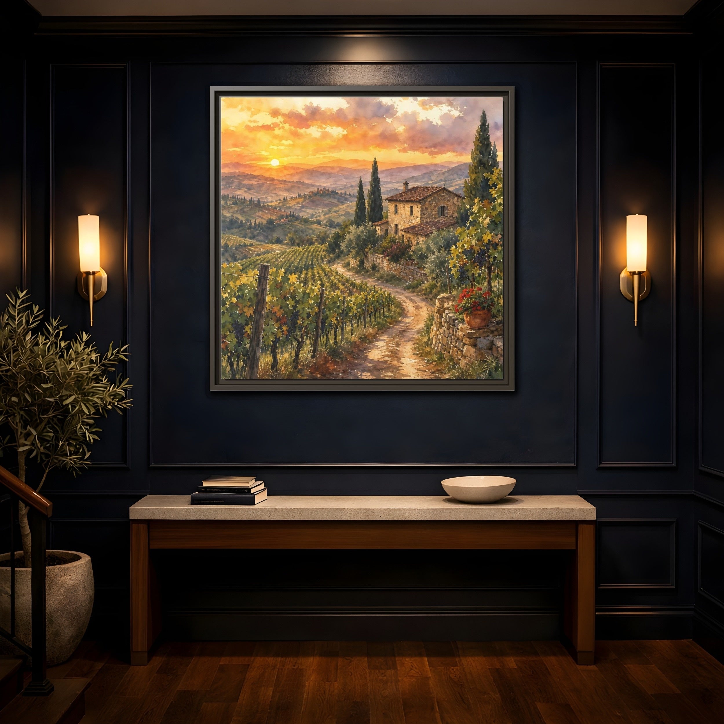 Mockup 4. Nature Tuscan Landscape Tuscan Sunset Landscape shown as stretched canvas wall art