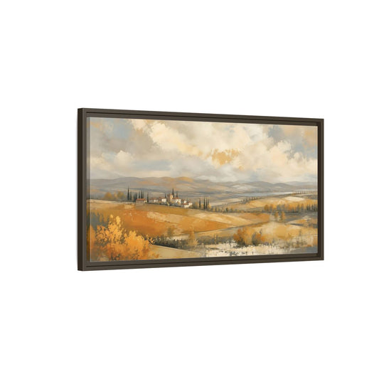 Main Mockup. Nature Tuscan Village Golden Fields Landscape shown as stretched canvas wall art