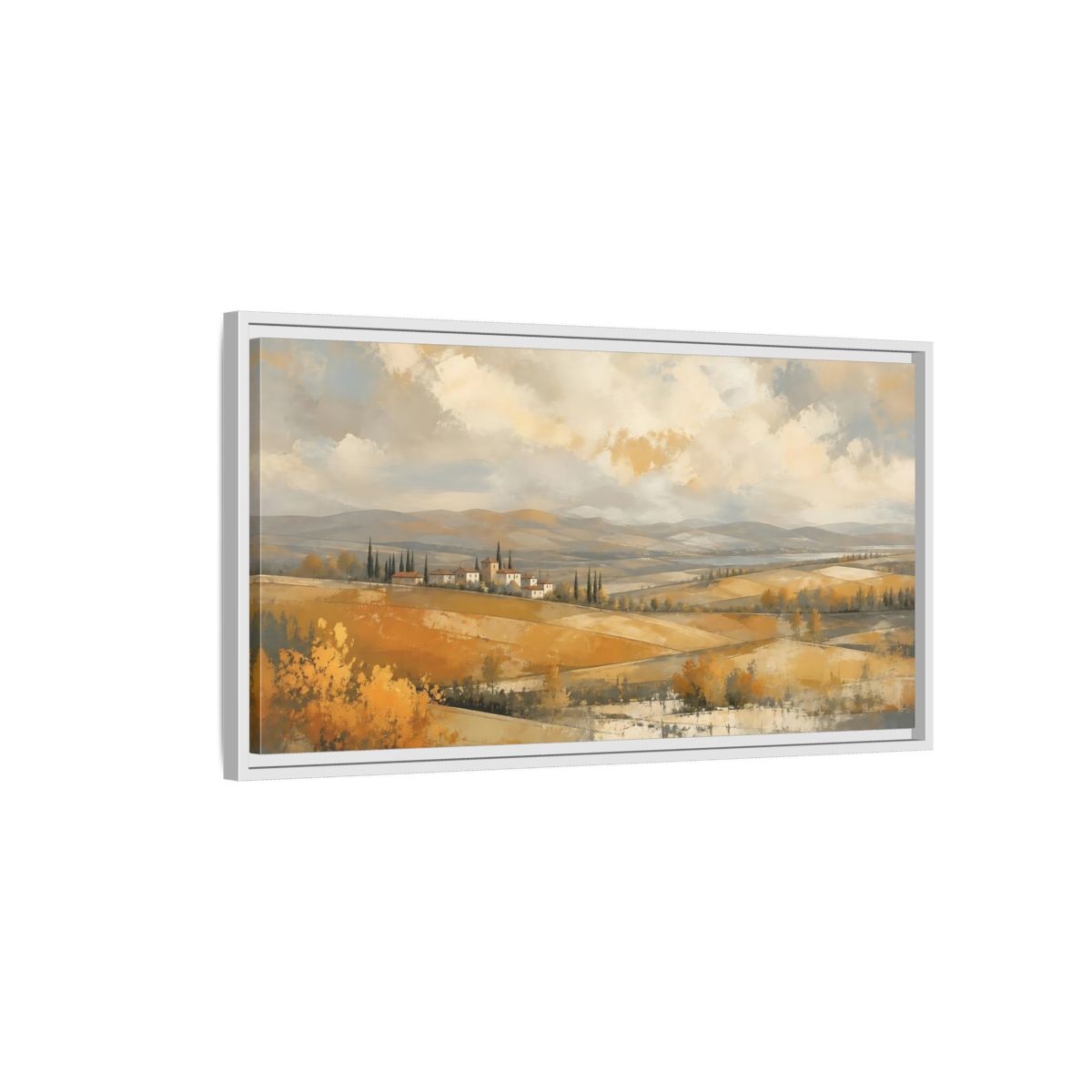 Side Mockup 1. Nature Tuscan Village Golden Fields Landscape shown as stretched canvas wall art