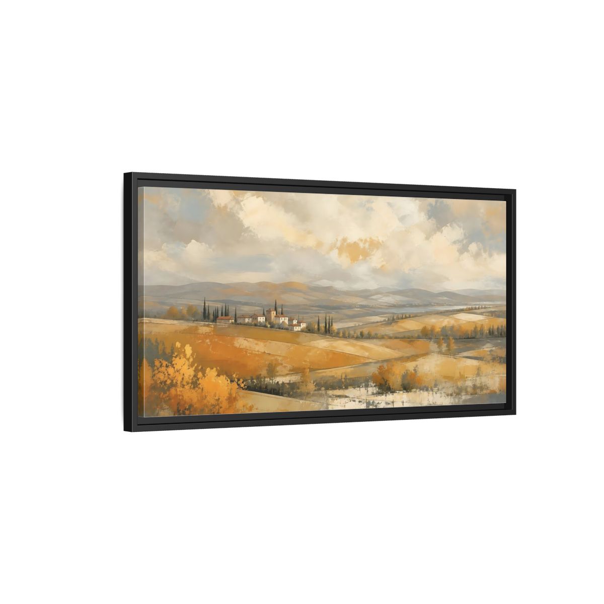 Side Mockup 2. Nature Tuscan Village Golden Fields Landscape shown as stretched canvas wall art