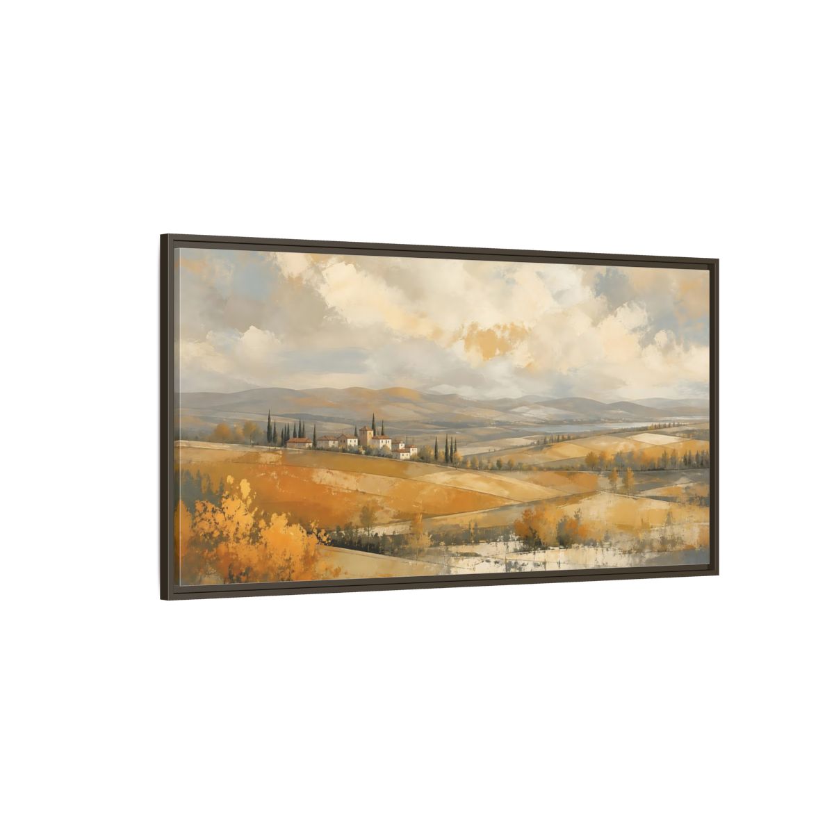 Side Mockup 4. Nature Tuscan Village Golden Fields Landscape shown as stretched canvas wall art