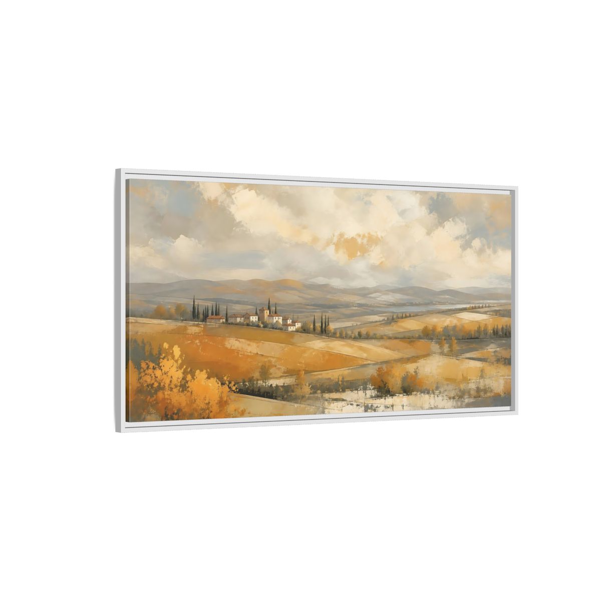 Side Mockup 3. Nature Tuscan Village Golden Fields Landscape shown as stretched canvas wall art