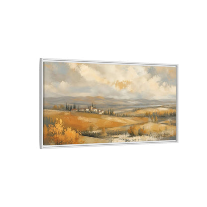 Side Mockup 3. Nature Tuscan Village Golden Fields Landscape shown as stretched canvas wall art
