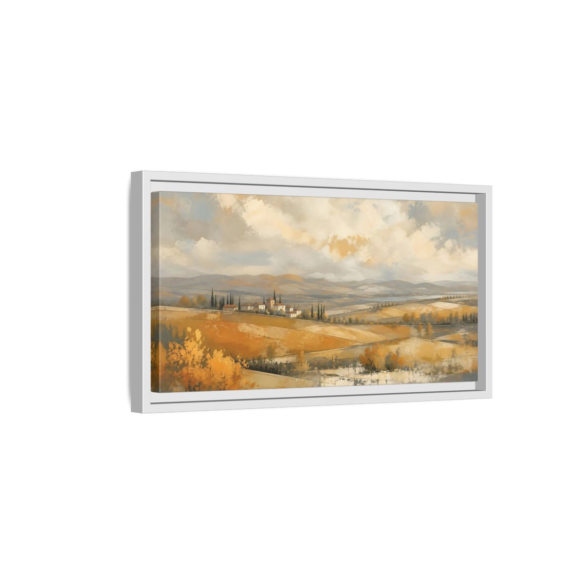 Side Mockup 6. Nature Tuscan Village Golden Fields Landscape shown as stretched canvas wall art