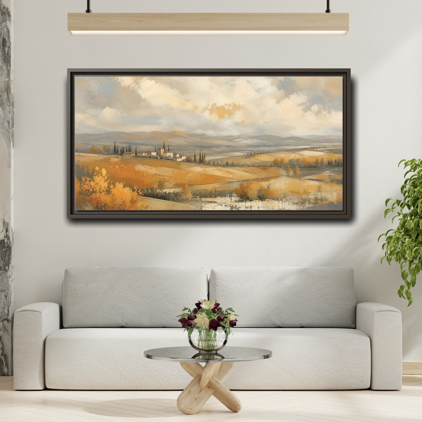 Mockup 2. Nature Tuscan Village Golden Fields Landscape shown as stretched canvas wall art