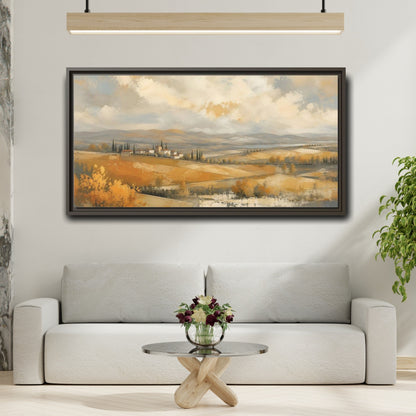 Mockup 2. Nature Tuscan Village Golden Fields Landscape shown as stretched canvas wall art