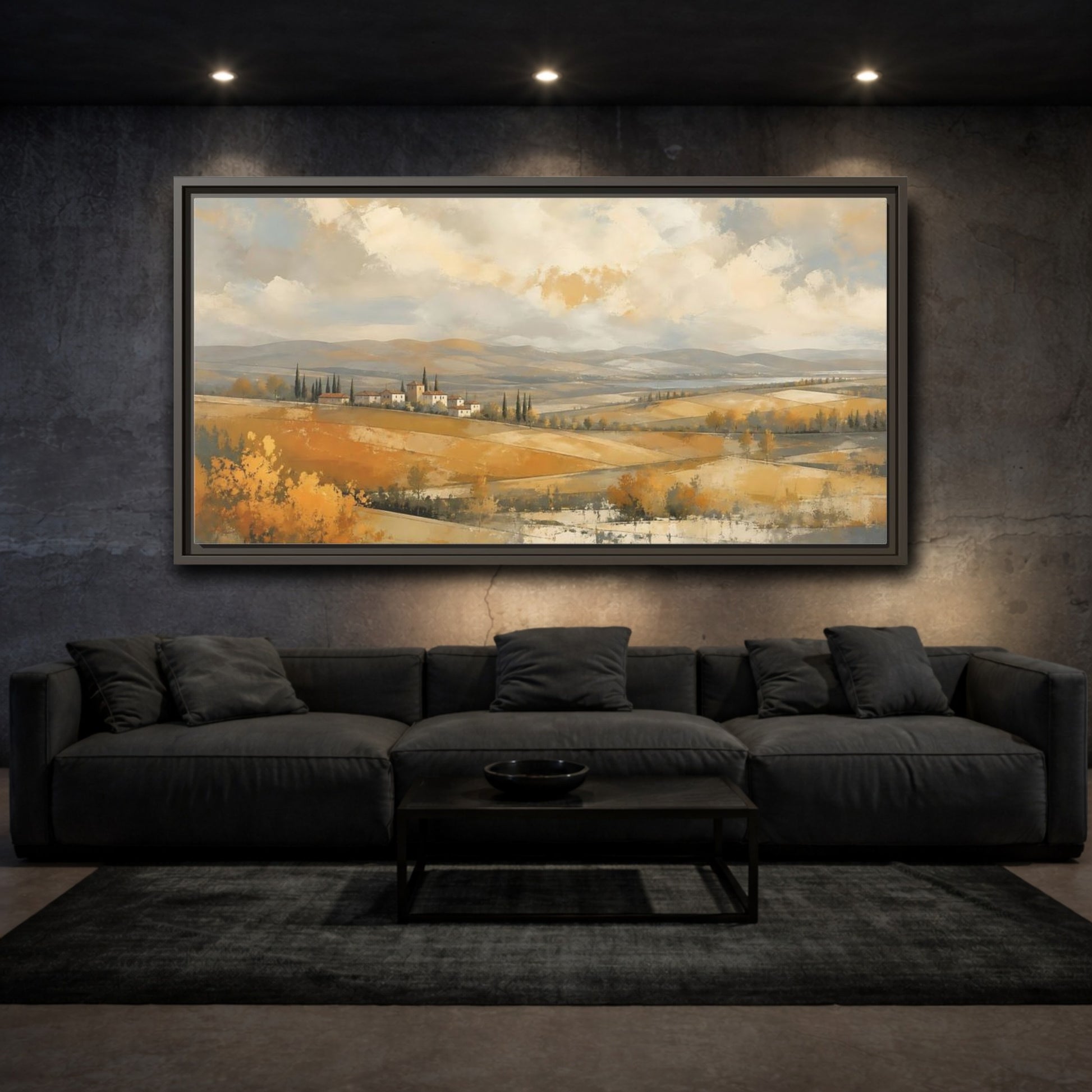 Mockup 3. Nature Tuscan Village Golden Fields Landscape shown as stretched canvas wall art
