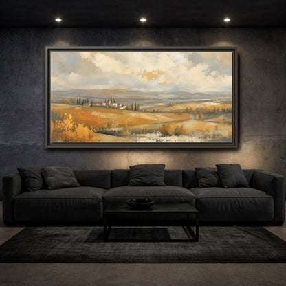 Mockup 3. Nature Tuscan Village Golden Fields Landscape shown as stretched canvas wall art