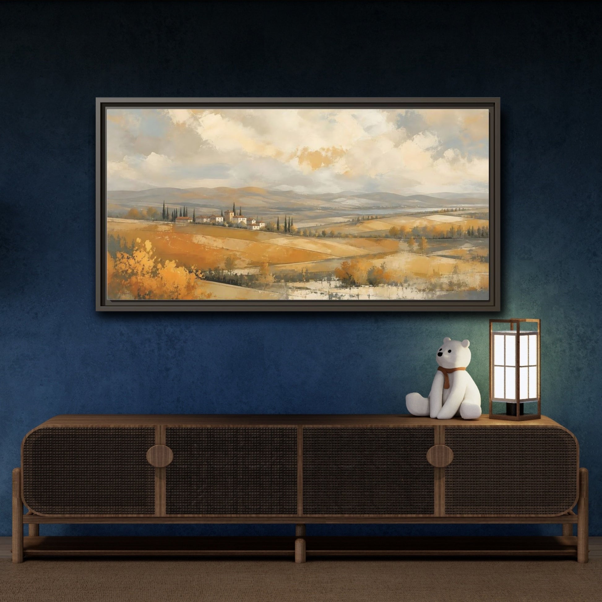 Mockup 4. Nature Tuscan Village Golden Fields Landscape shown as stretched canvas wall art