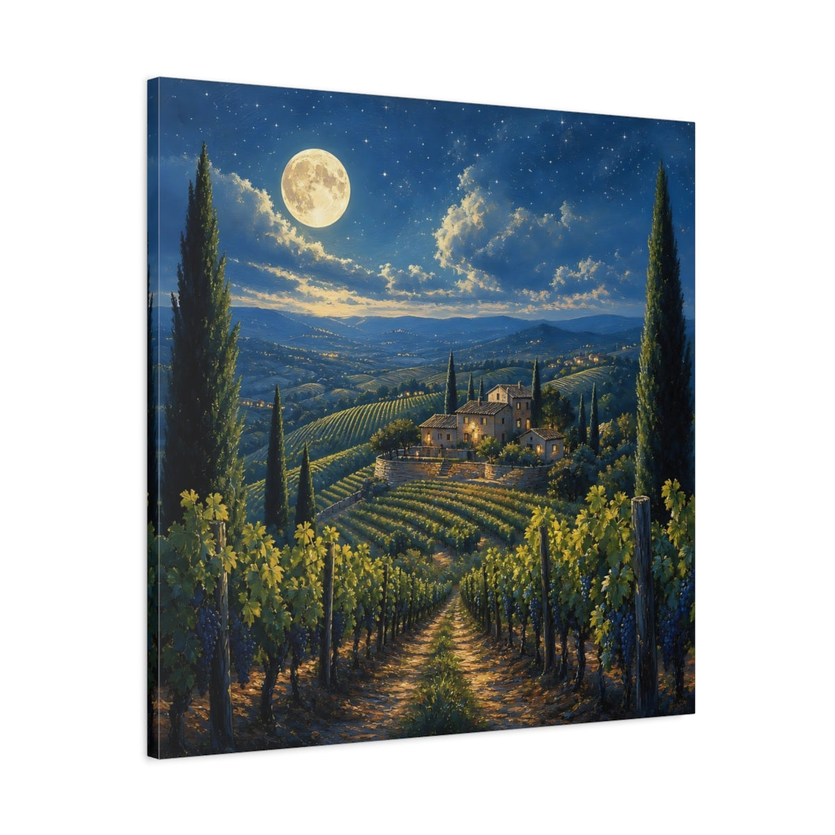 Side Mockup 3. Nature Tuscan Vineyard Tuscan Night shown as stretched canvas wall art