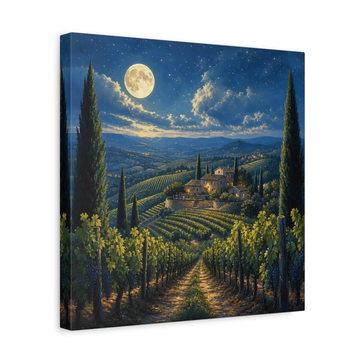 Side Mockup 7. Nature Tuscan Vineyard Tuscan Night shown as stretched canvas wall art