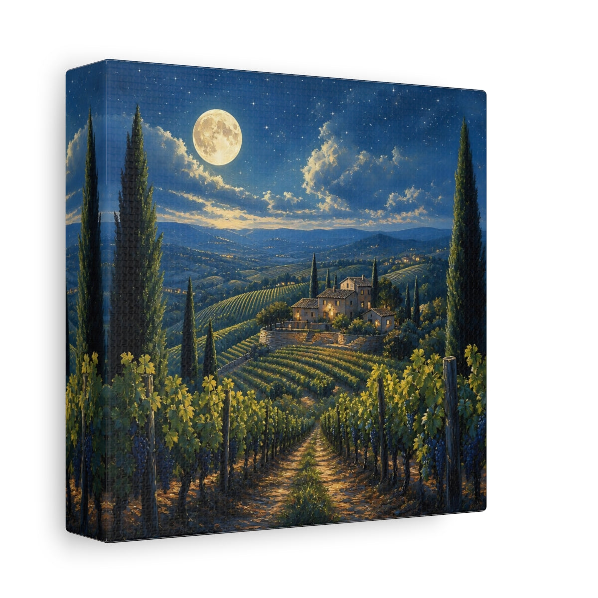 Side Mockup 2. Nature Tuscan Vineyard Tuscan Night shown as stretched canvas wall art