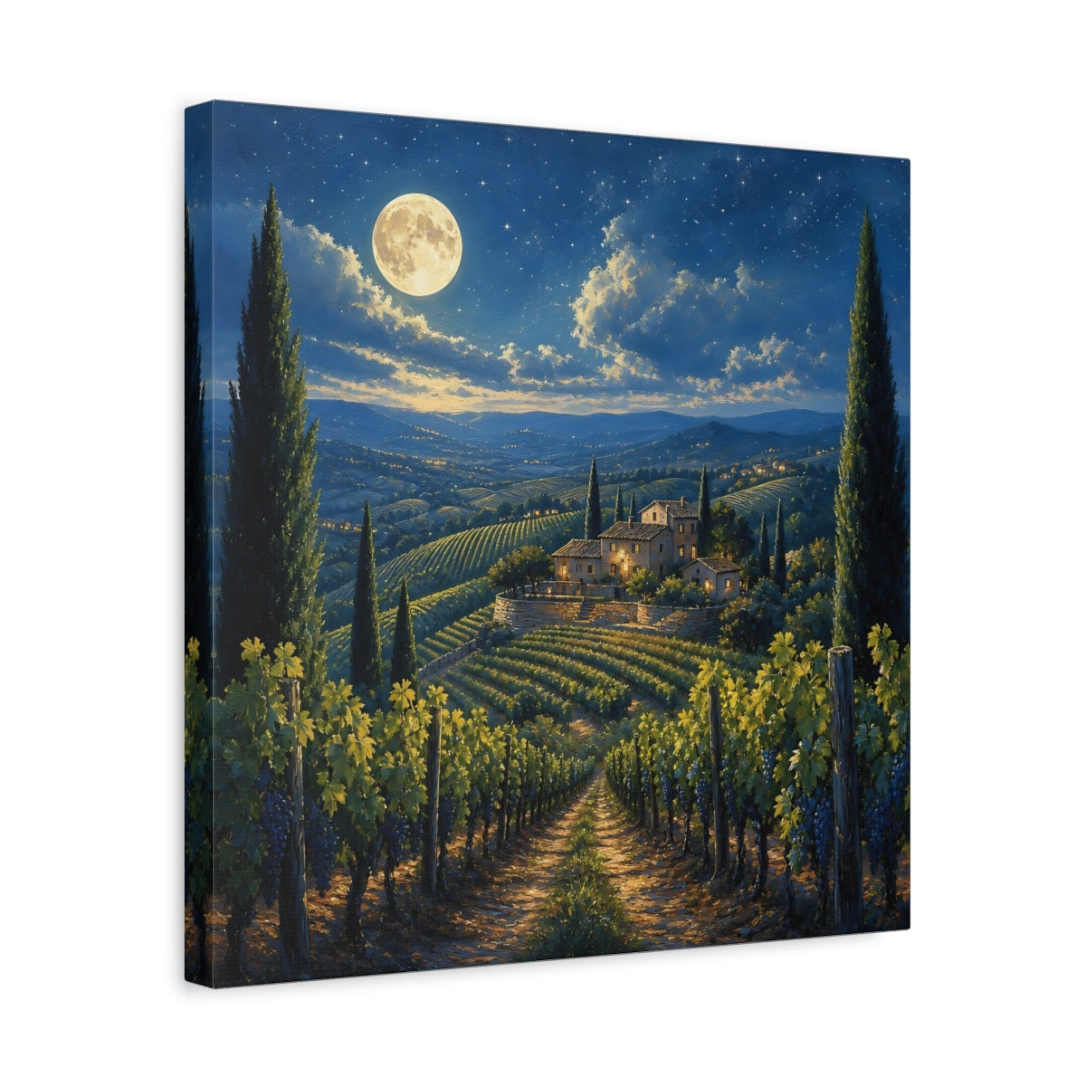 Side Mockup 6. Nature Tuscan Vineyard Tuscan Night shown as stretched canvas wall art