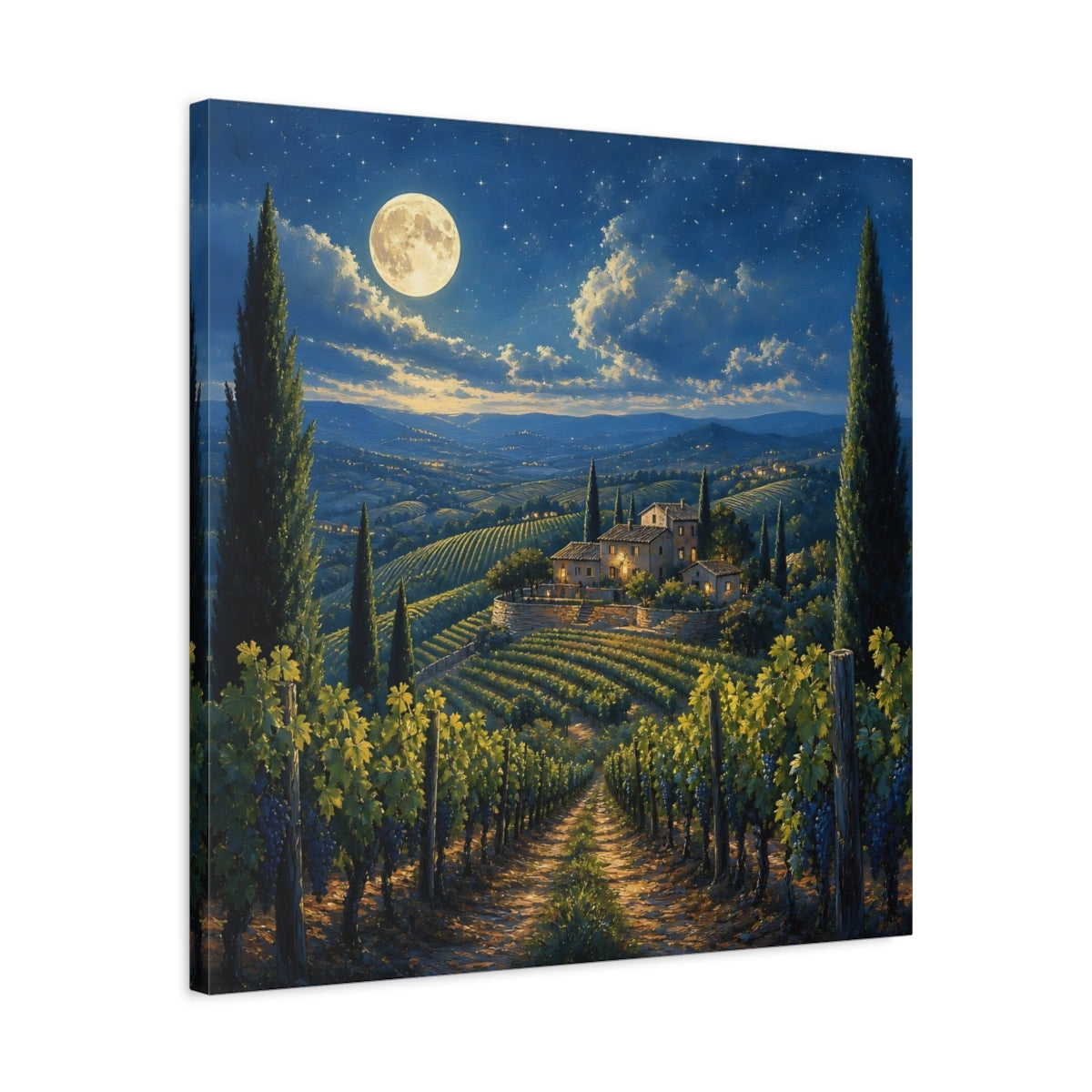 Side Mockup 4. Nature Tuscan Vineyard Tuscan Night shown as stretched canvas wall art
