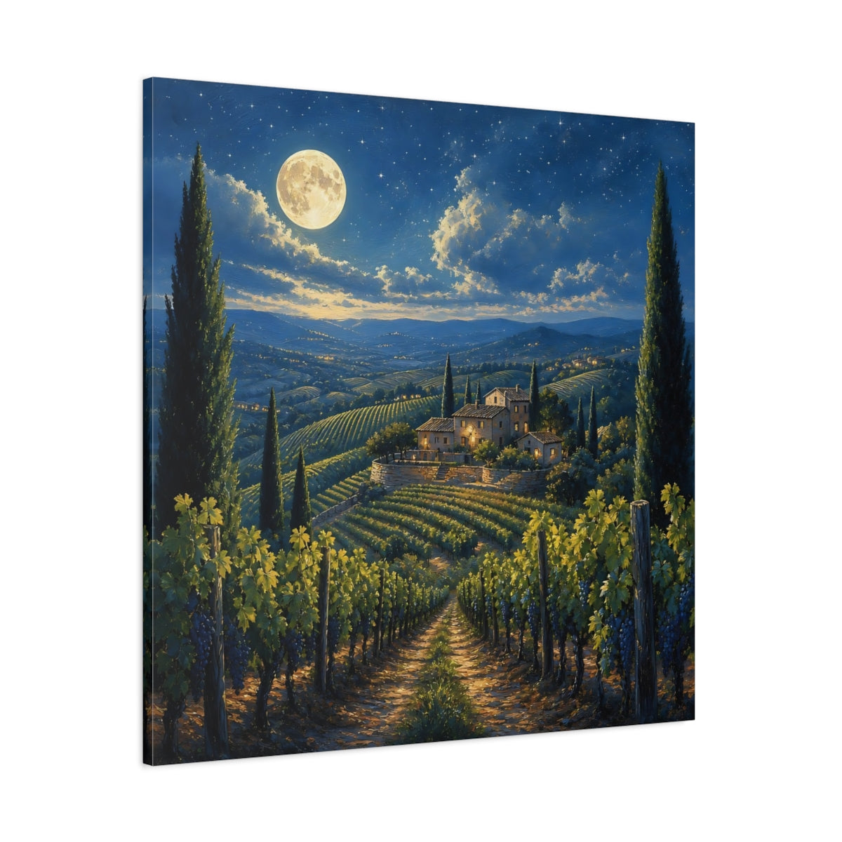 Side Mockup 1. Nature Tuscan Vineyard Tuscan Night shown as stretched canvas wall art