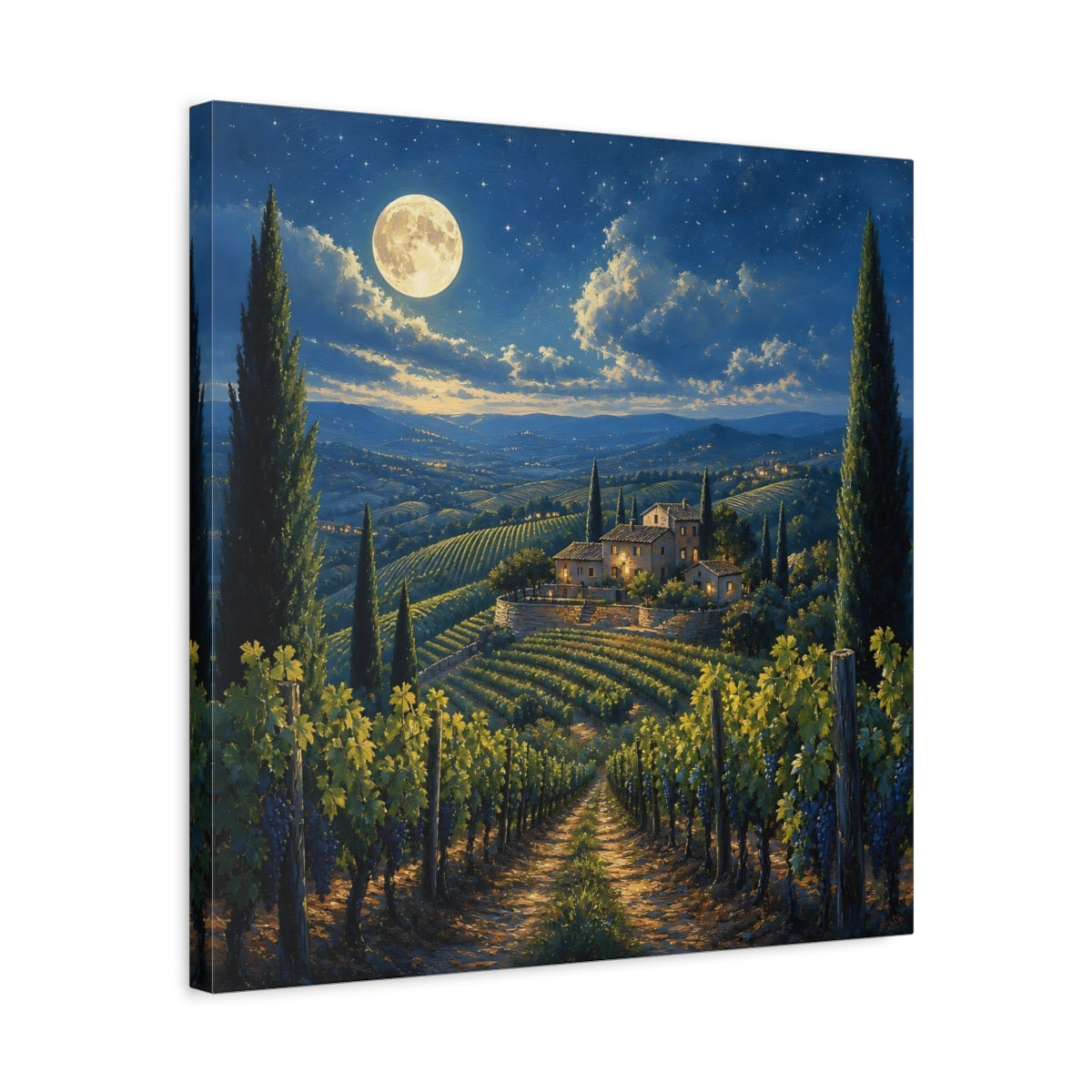 Side Mockup 5. Nature Tuscan Vineyard Tuscan Night shown as stretched canvas wall art
