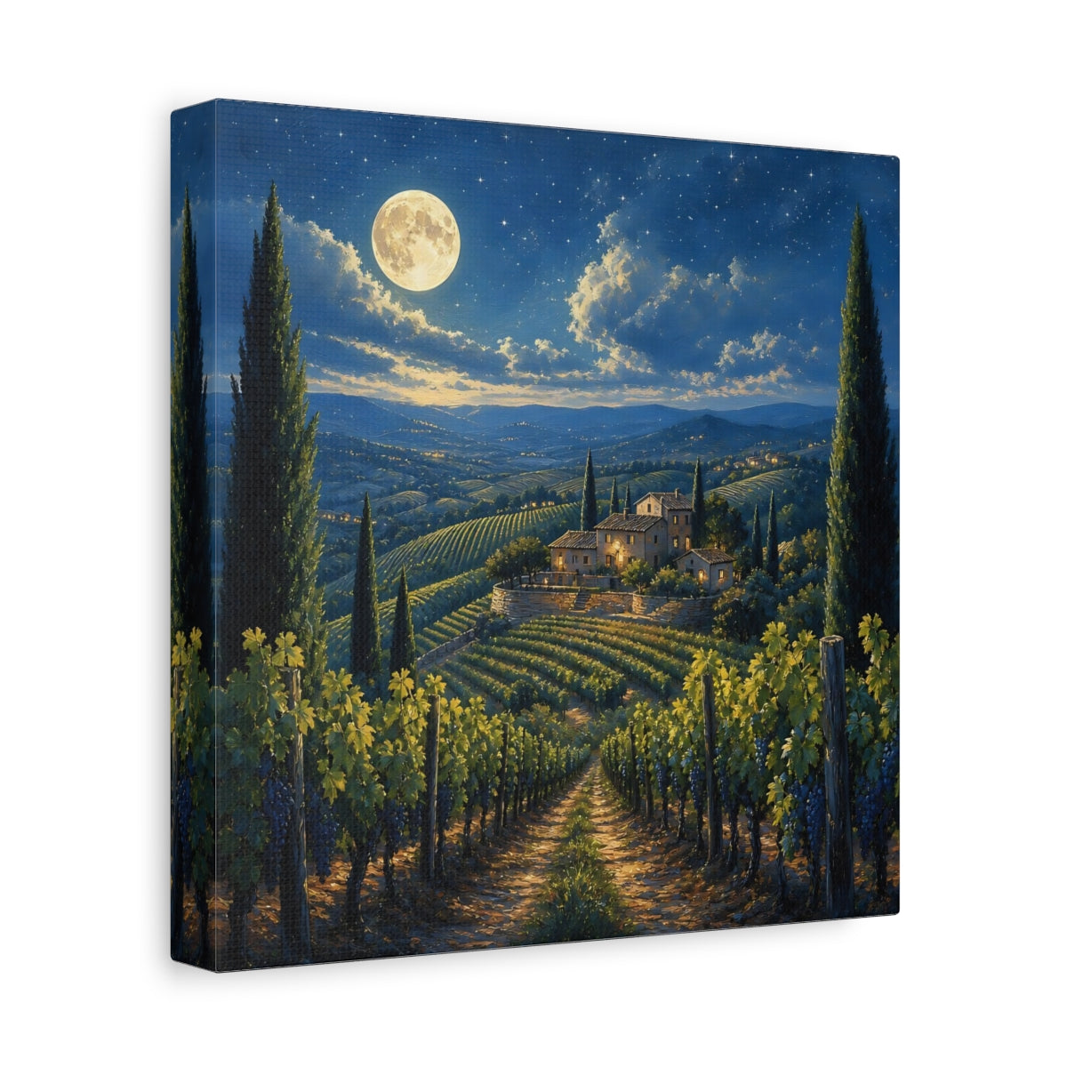 Side Mockup 9. Nature Tuscan Vineyard Tuscan Night shown as stretched canvas wall art