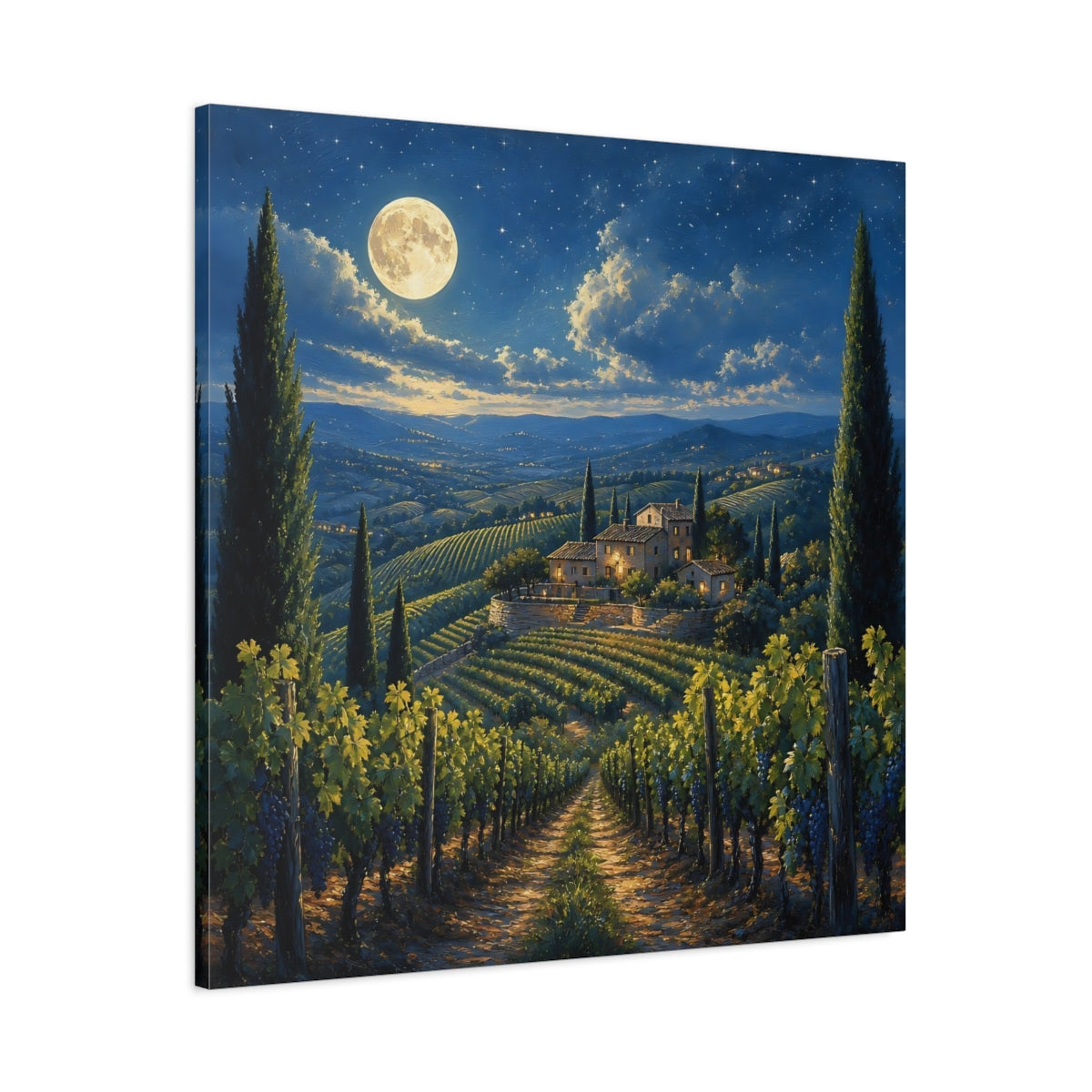 Main Mockup. Nature Tuscan Vineyard Tuscan Night shown as stretched canvas wall art