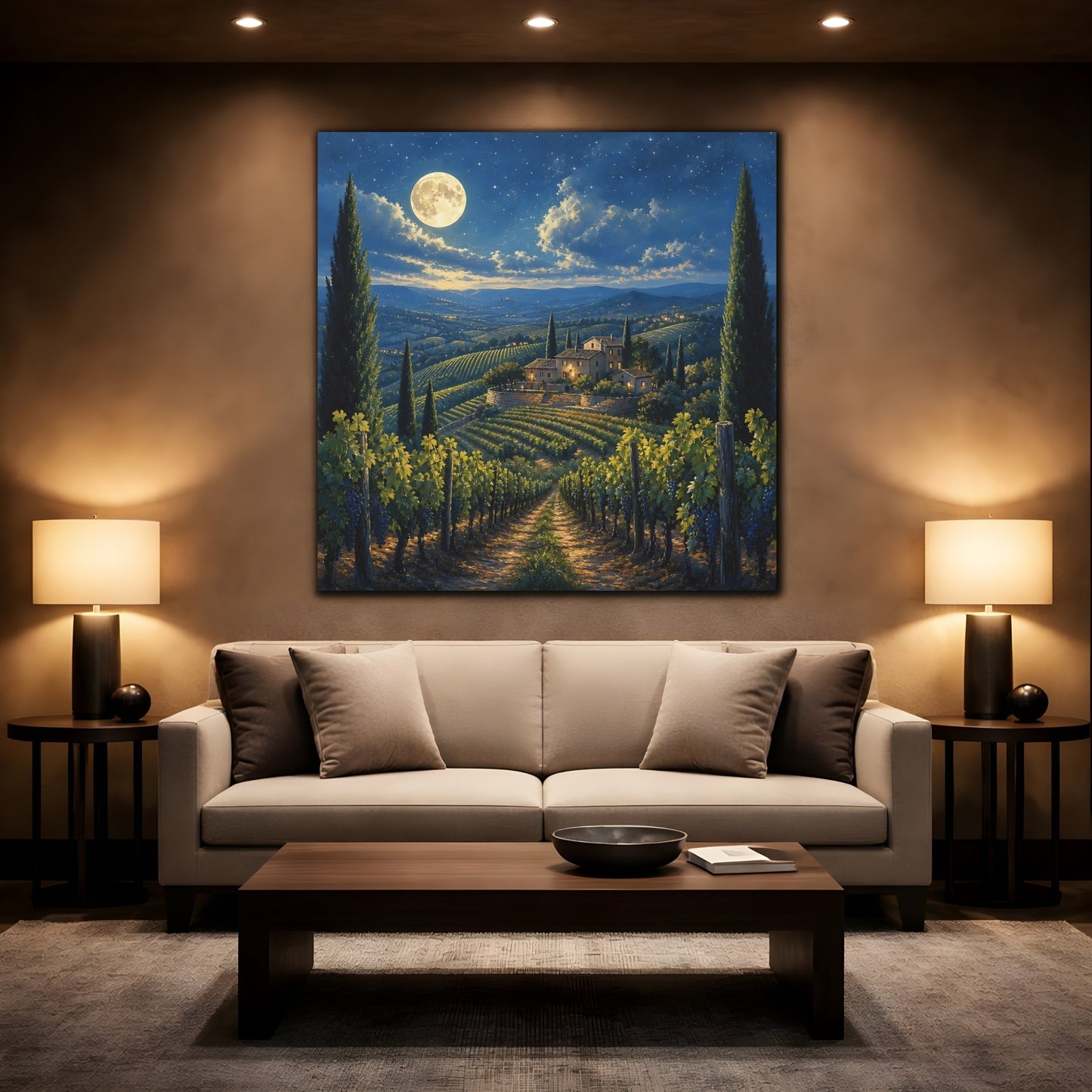 Mockup 2. Nature Tuscan Vineyard Tuscan Night shown as stretched canvas wall art