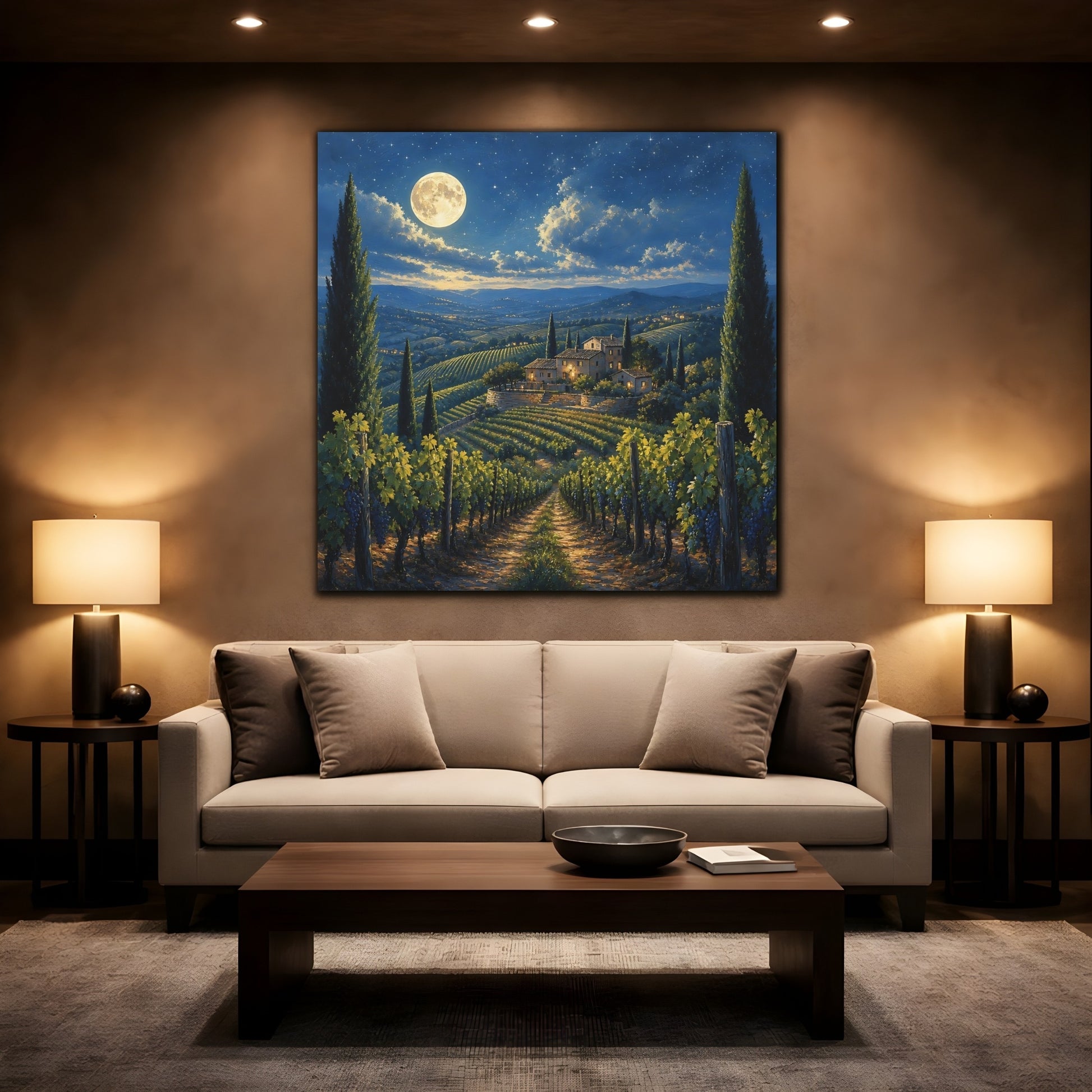 Mockup 2. Nature Tuscan Vineyard Tuscan Night shown as stretched canvas wall art
