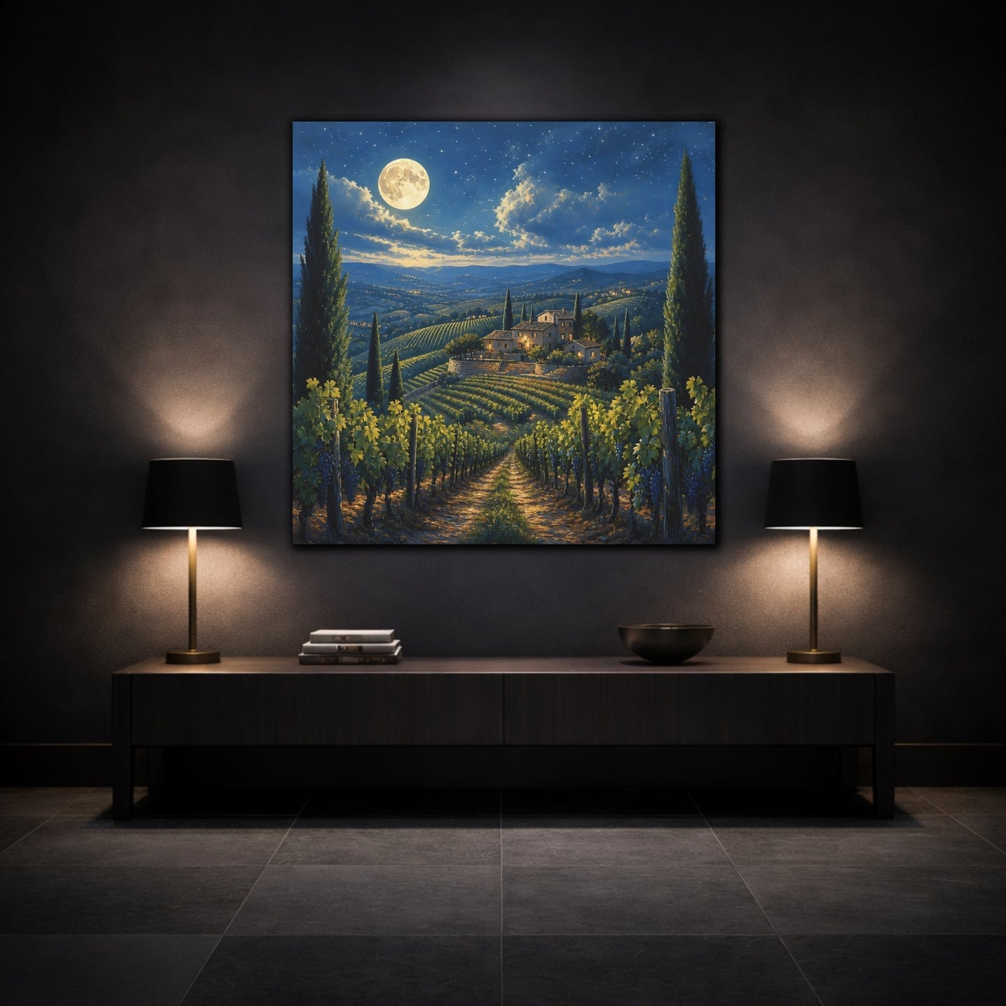 Mockup 3. Nature Tuscan Vineyard Tuscan Night shown as stretched canvas wall art