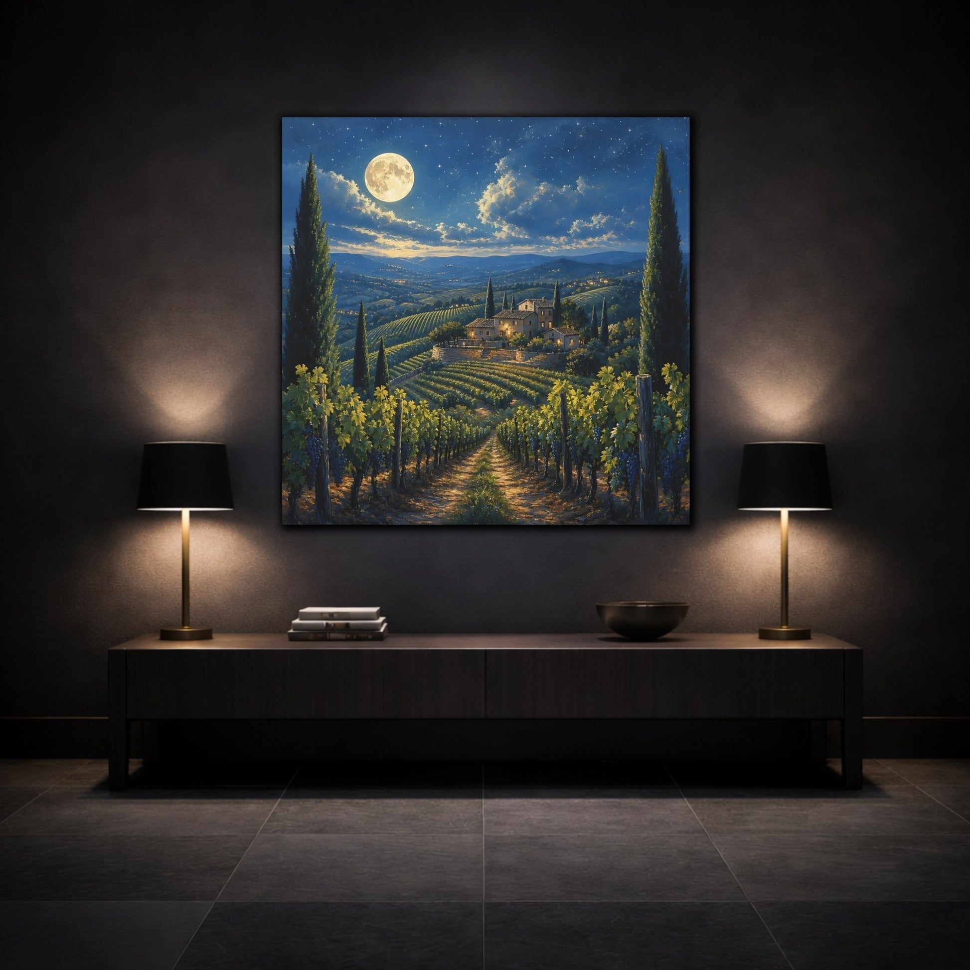 Mockup 3. Nature Tuscan Vineyard Tuscan Night shown as stretched canvas wall art