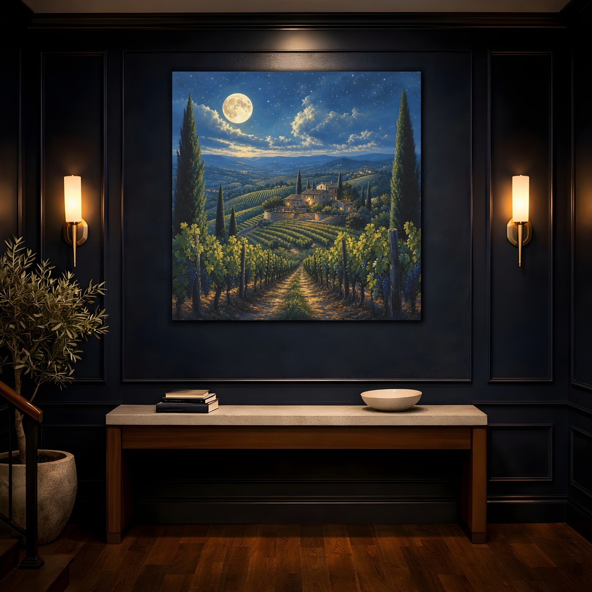 Mockup 4. Nature Tuscan Vineyard Tuscan Night shown as stretched canvas wall art