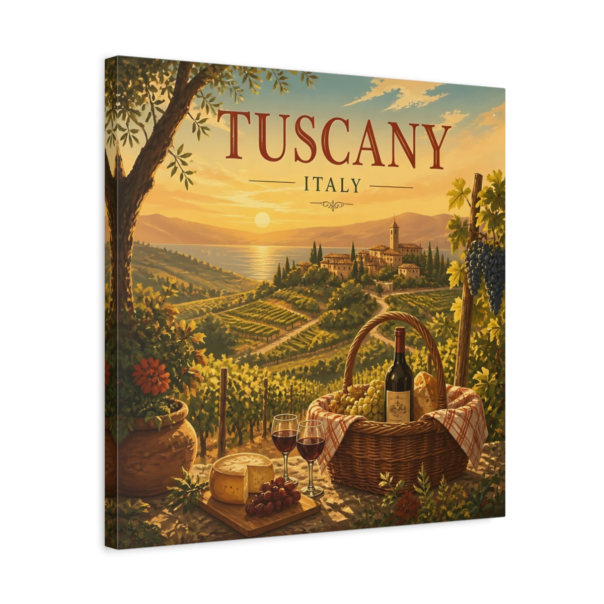 Side Mockup 5. Nature Tuscan Vineyards Tuscan Landscape shown as stretched canvas wall art