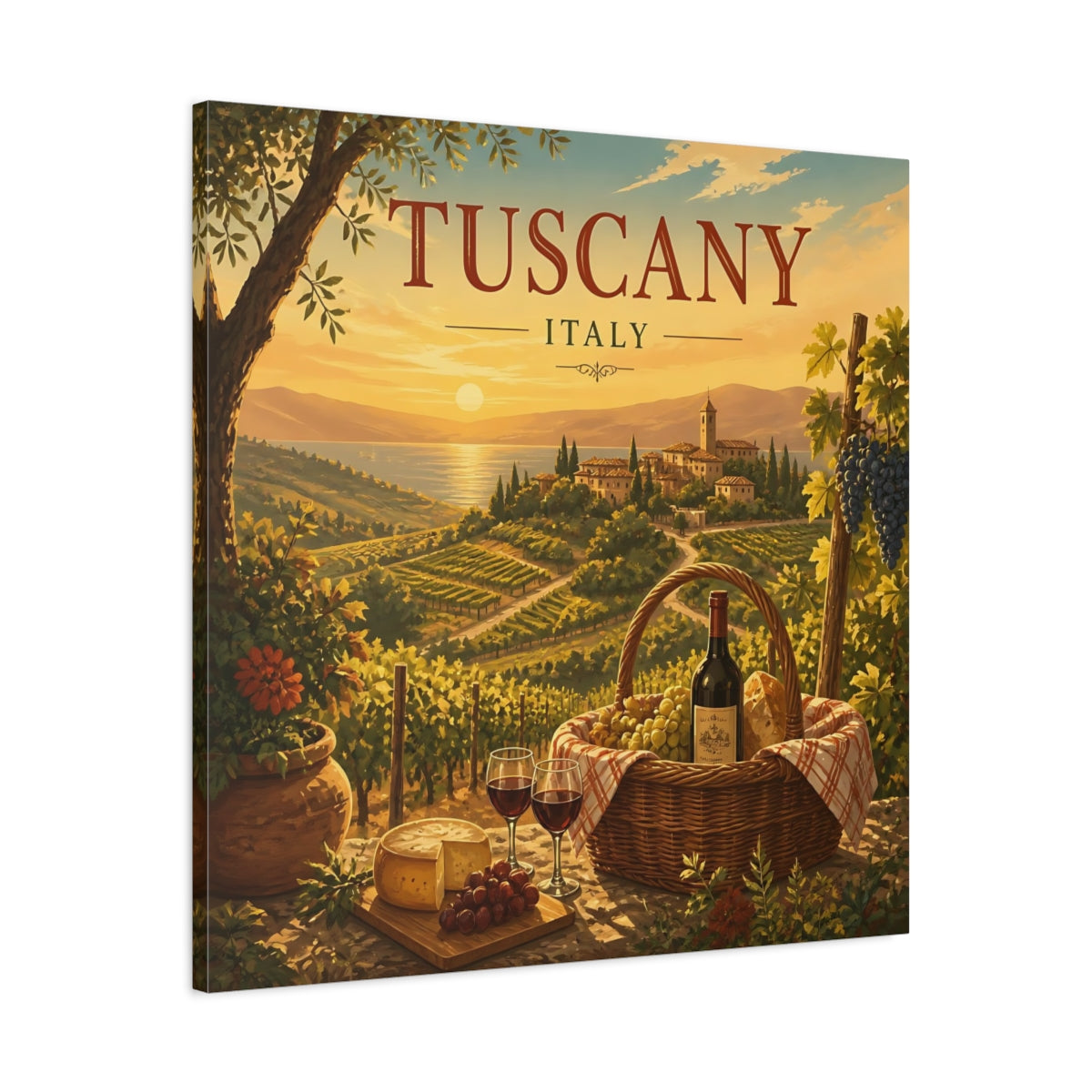 Side Mockup 3. Nature Tuscan Vineyards Tuscan Landscape shown as stretched canvas wall art