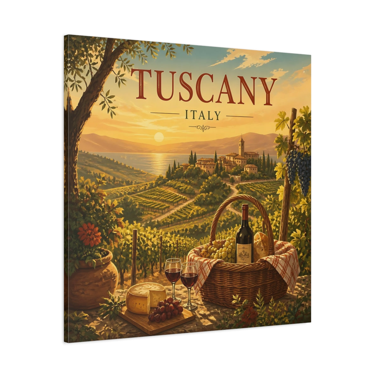 Side Mockup 1. Nature Tuscan Vineyards Tuscan Landscape shown as stretched canvas wall art