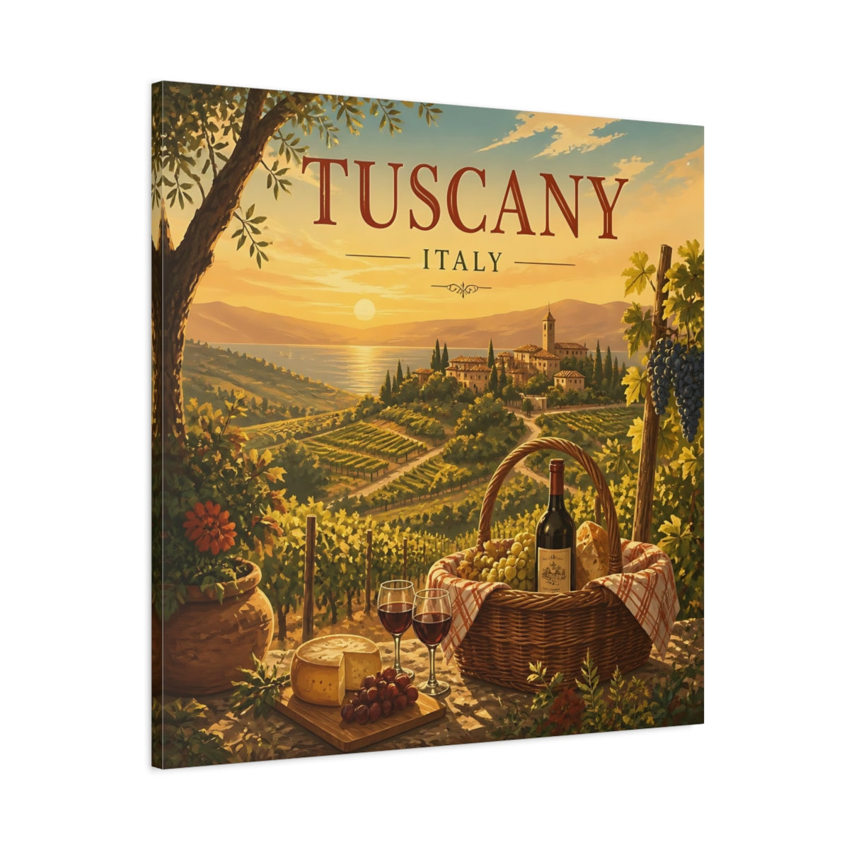 Main Mockup. Nature Tuscan Vineyards Tuscan Landscape shown as stretched canvas wall art