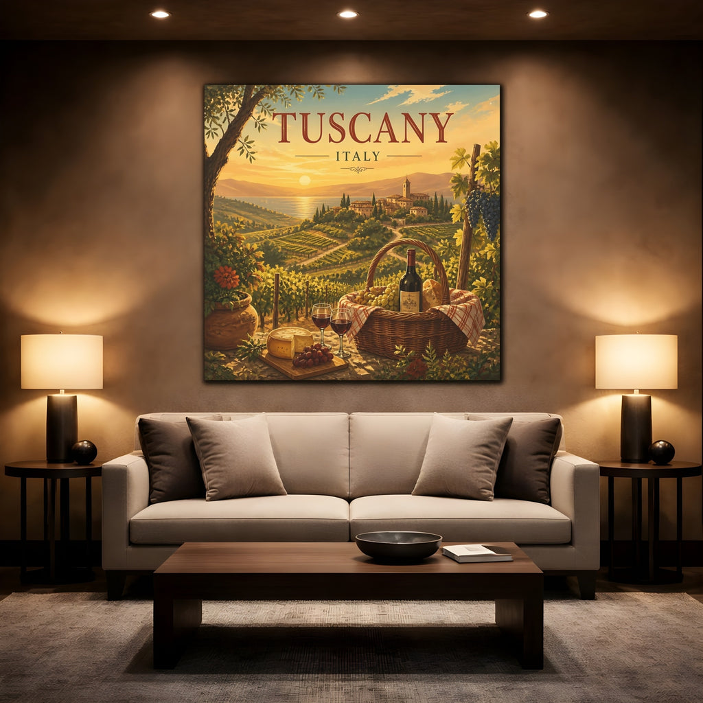 Mockup 2. Nature Tuscan Vineyards Tuscan Landscape shown as stretched canvas wall art