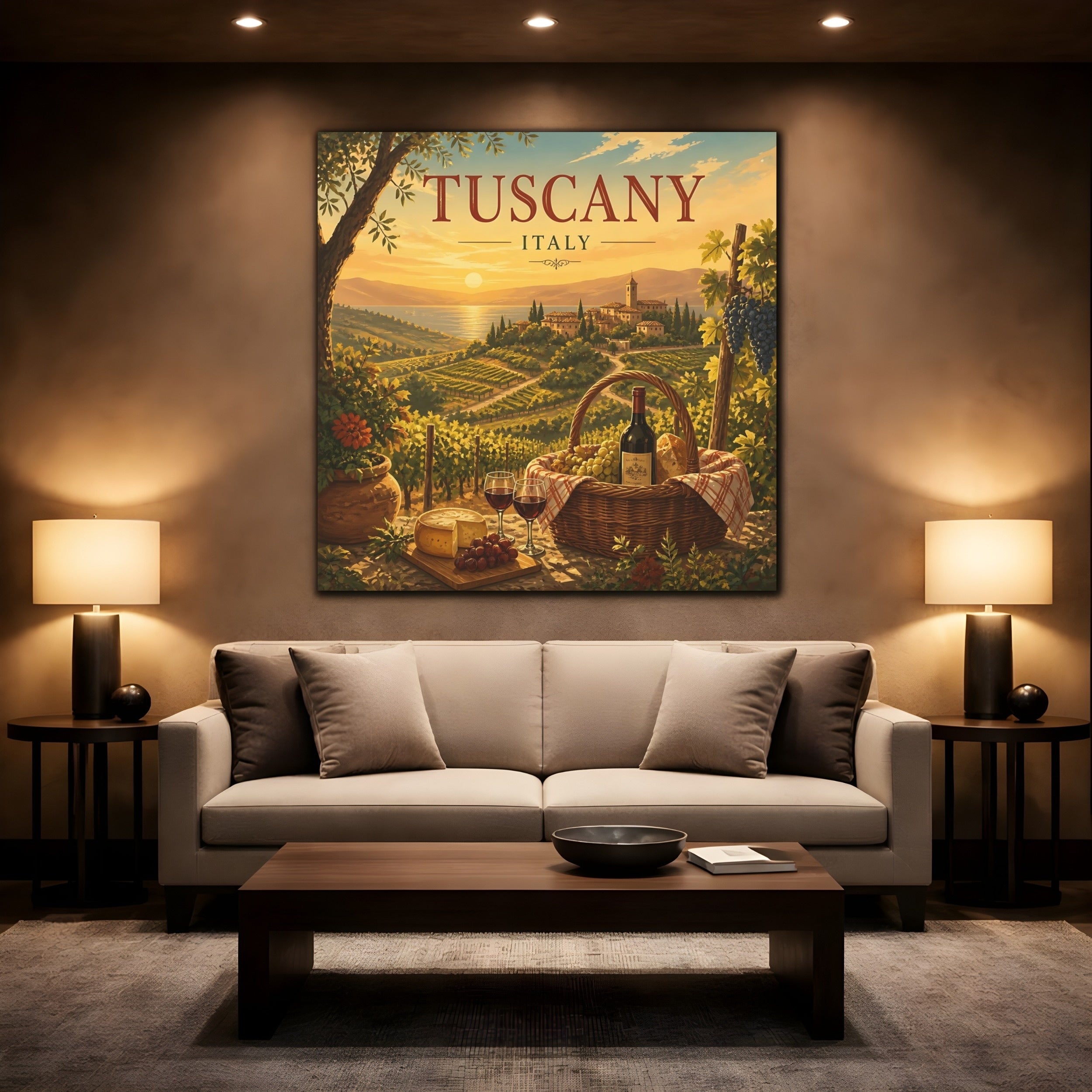 Mockup 2. Nature Tuscan Vineyards Tuscan Landscape shown as stretched canvas wall art