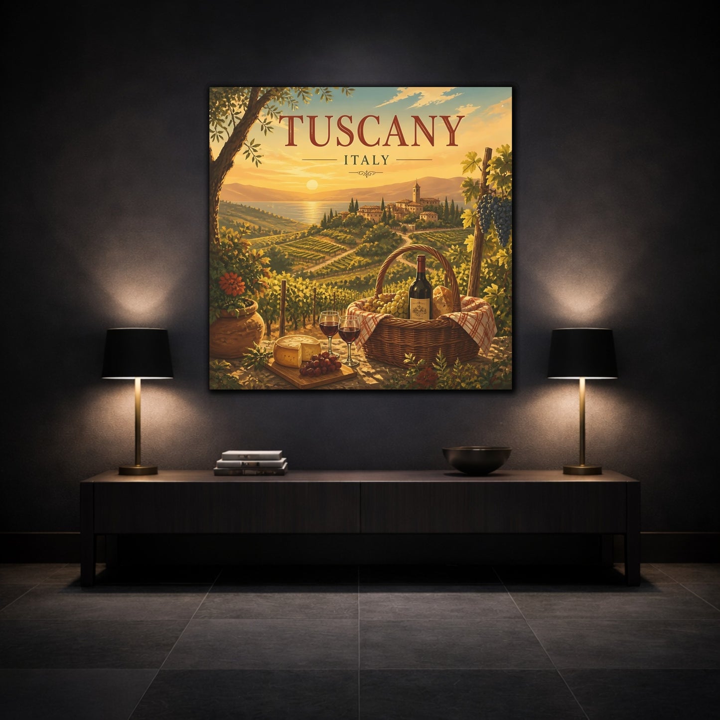 Mockup 3. Nature Tuscan Vineyards Tuscan Landscape shown as stretched canvas wall art