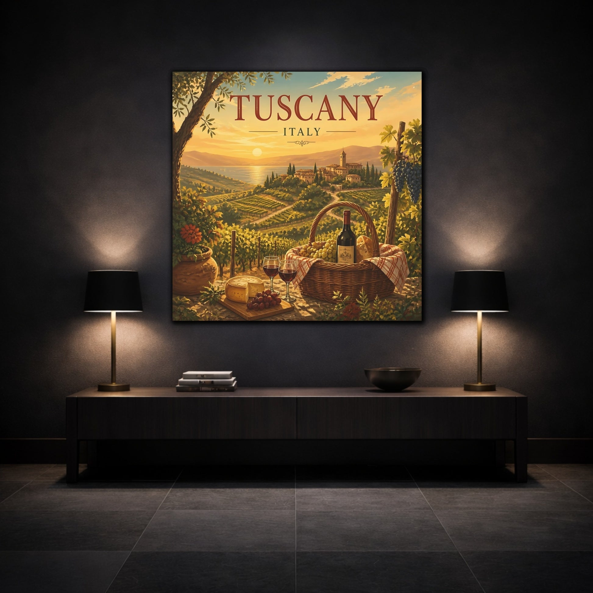 Mockup 3. Nature Tuscan Vineyards Tuscan Landscape shown as stretched canvas wall art