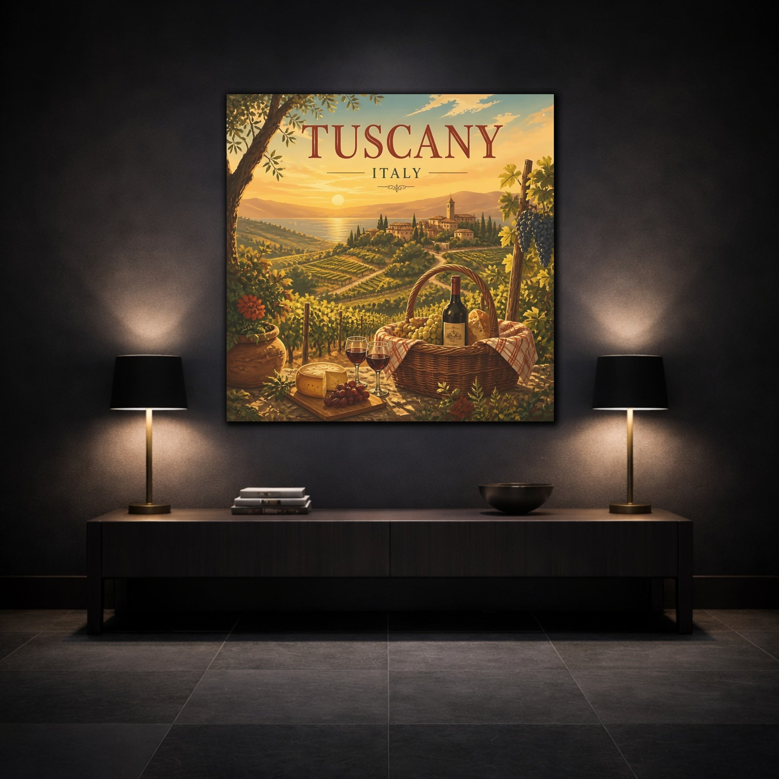 Mockup 3. Nature Tuscan Vineyards Tuscan Landscape shown as stretched canvas wall art