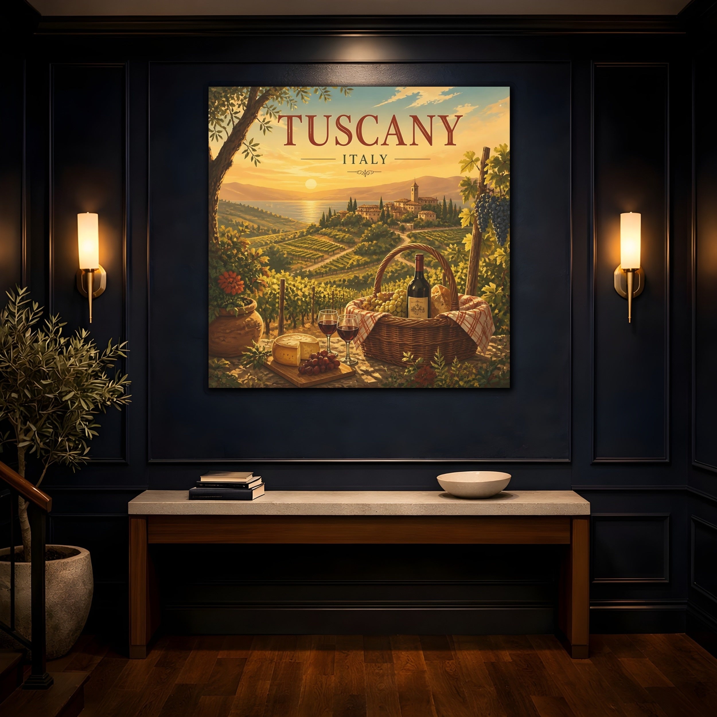 Mockup 4. Nature Tuscan Vineyards Tuscan Landscape shown as stretched canvas wall art