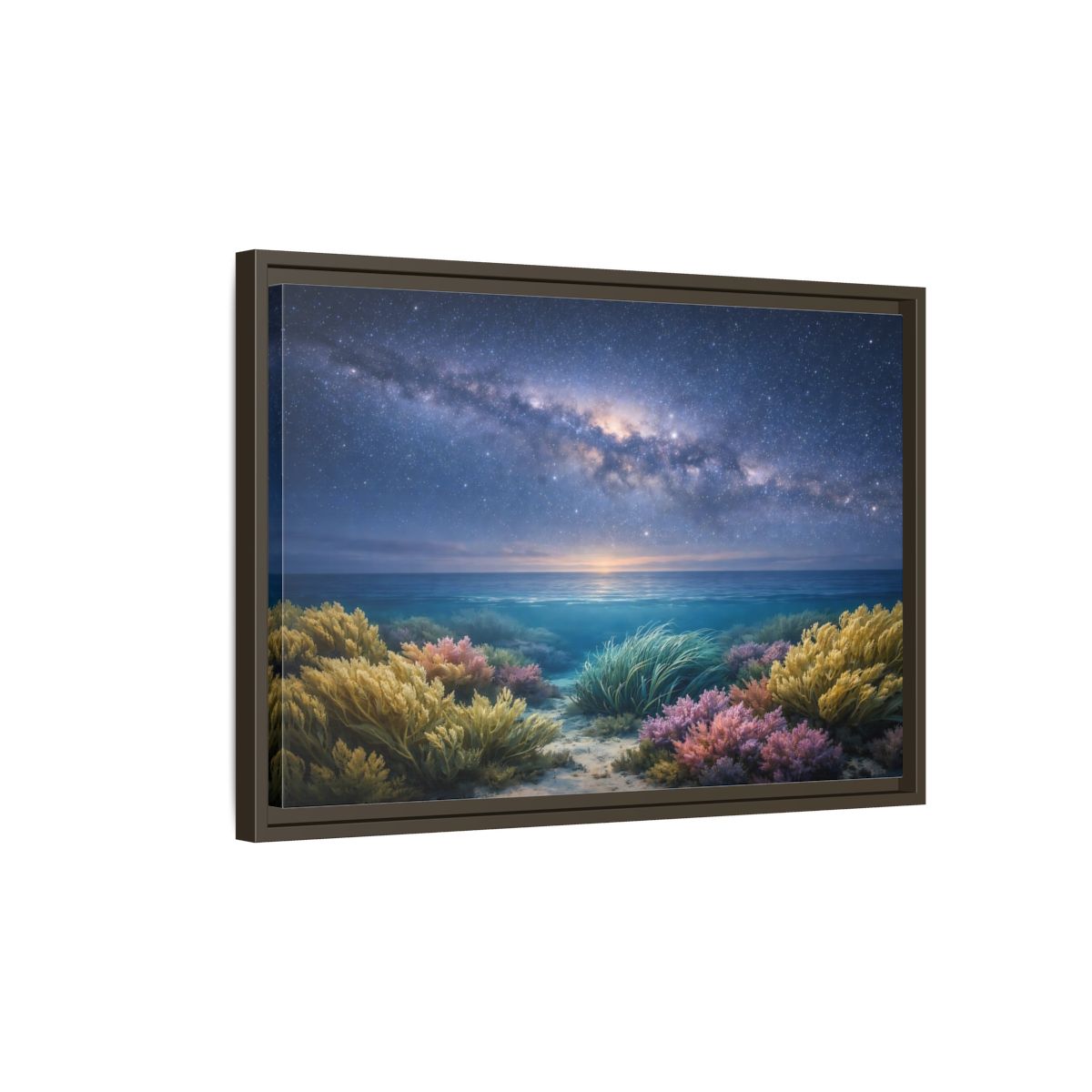 Side Mockup 2. Nature Underwater Seascape Blue And Gold shown as stretched canvas wall art