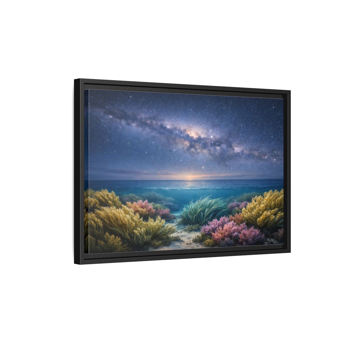 Side Mockup 3. Nature Underwater Seascape Blue And Gold shown as stretched canvas wall art