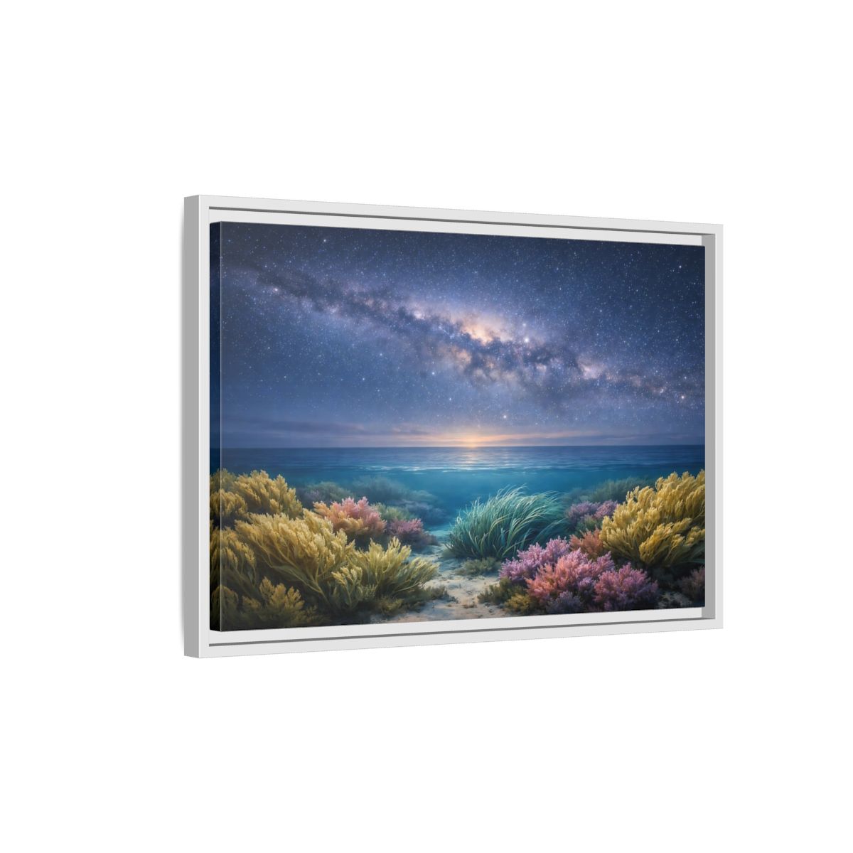 Side Mockup 1. Nature Underwater Seascape Blue And Gold shown as stretched canvas wall art