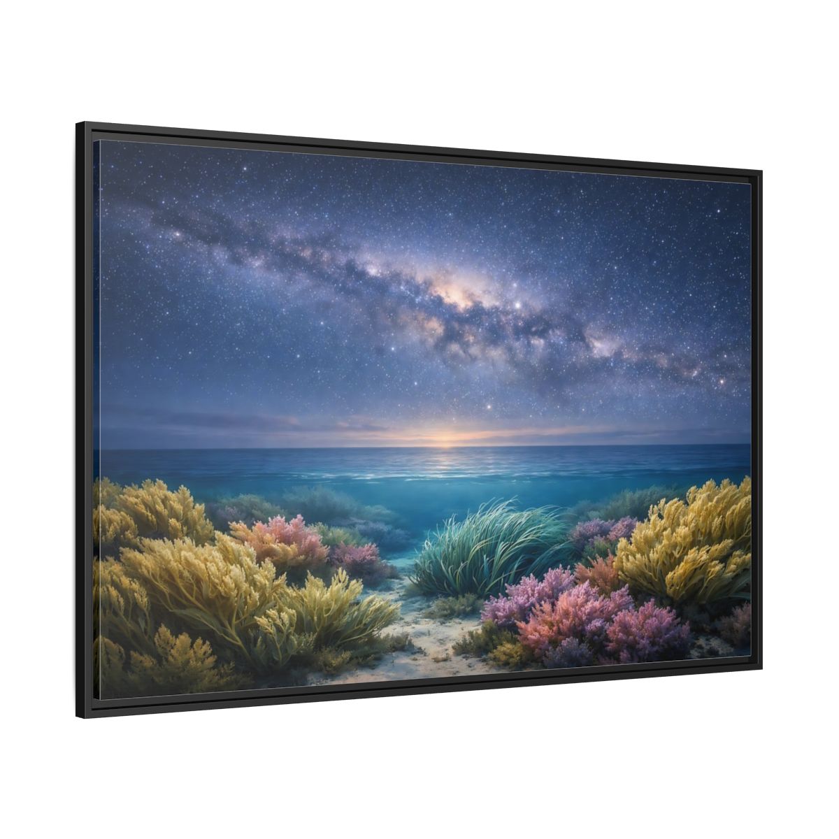Side Mockup 12. Nature Underwater Seascape Blue And Gold shown as stretched canvas wall art